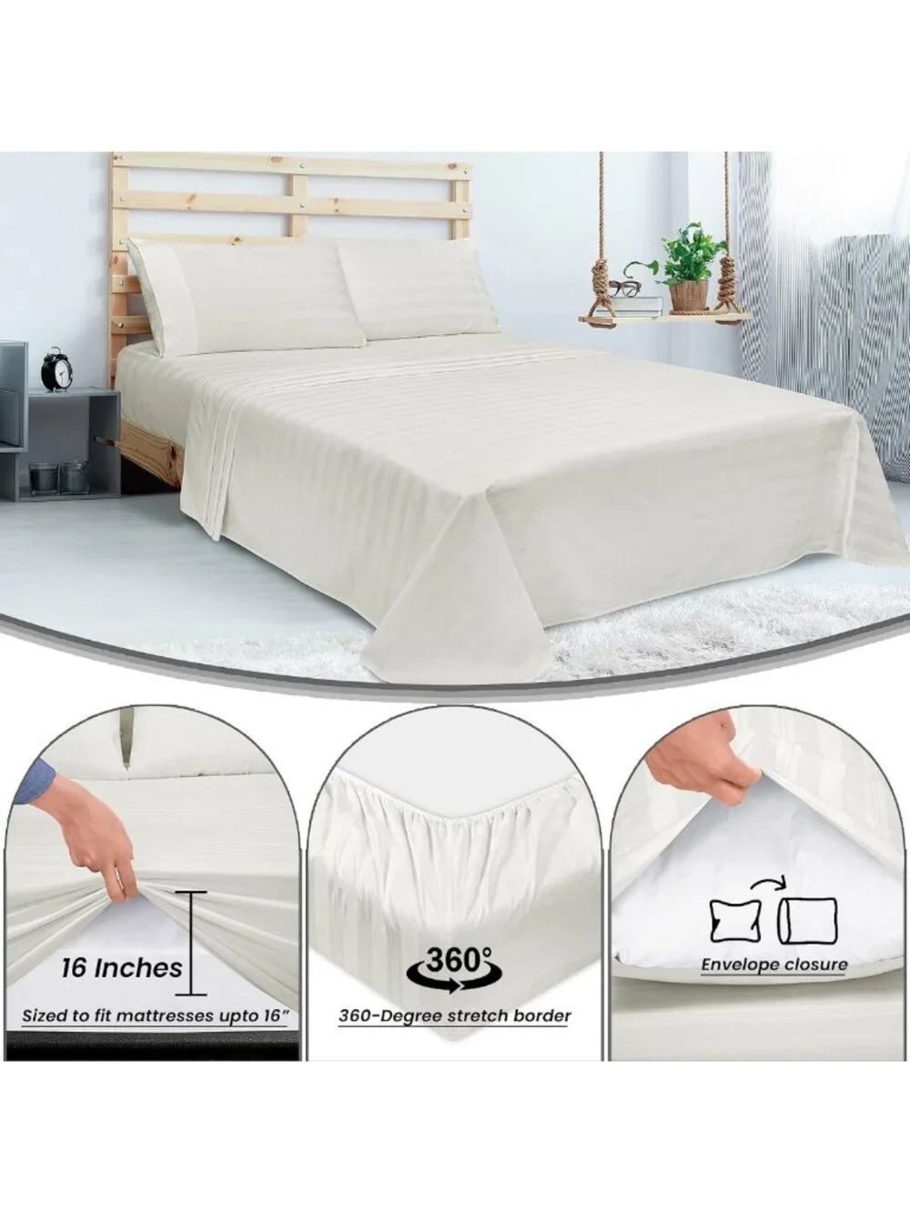 300 Thread Count 100% Cotton Striped Sheet Set - 4 Piece Full Bedding - Soft